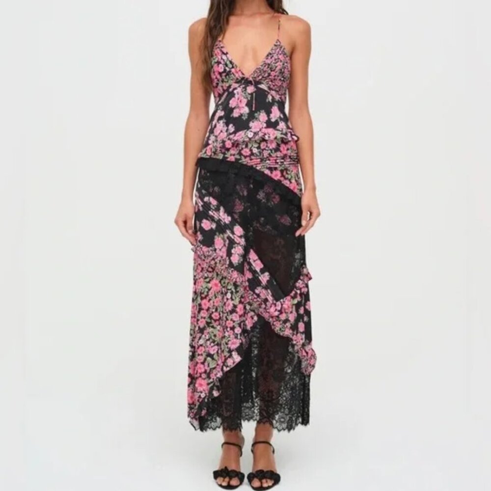 $315 NEW For Love and Lemons Rosalyn Maxi Dress in Black and Pink - Picture 3 of 5